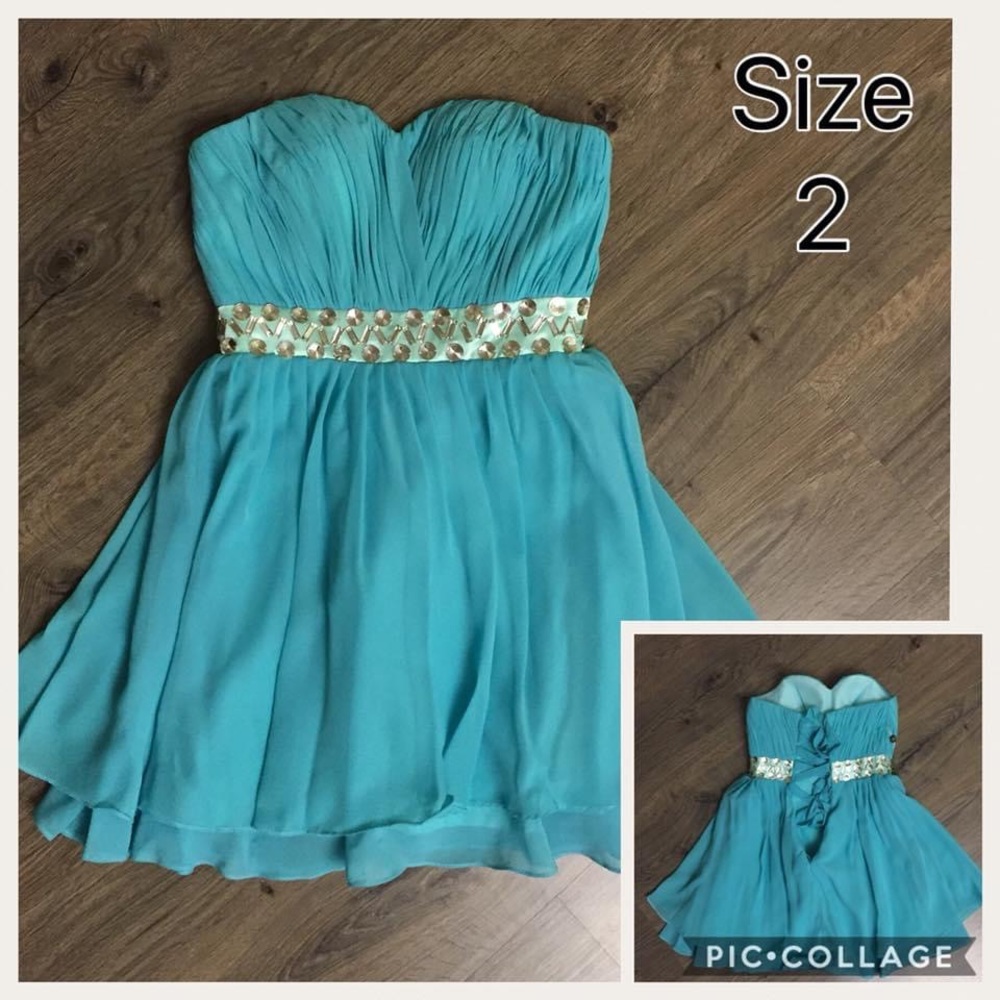 Aqua strapless cocktail dress with corset